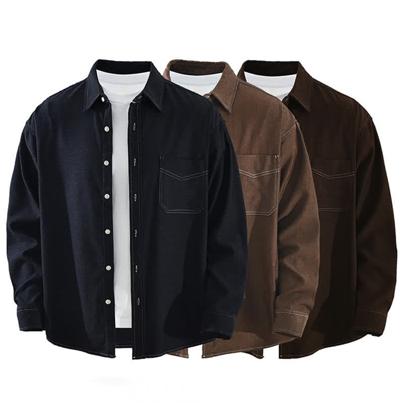 Buddha Stones Fall Casual Solid Men's Long Sleeve Shirts With Patch Pocket - image 14