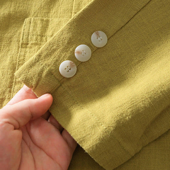 Buddha Stones Spring Fall Casual Minimalist Ramie Cotton Lapel Solid Men's Jacket With Pockets - image 15