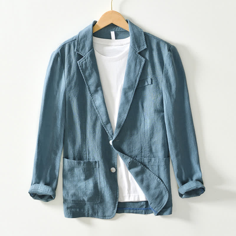 Buddha Stones Spring Fall Casual Minimalist Ramie Cotton Lapel Solid Men's Jacket With Pockets - CadetBlue - US/UK/AU44，EU54 (4XL) - image 16