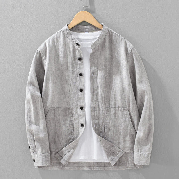 Buddha Stones Spring Fall Casual Solid Ramie Cotton Men's Jacket With Pockets - LightGray - US/UK/AU42，EU52 (3XL) - image 13