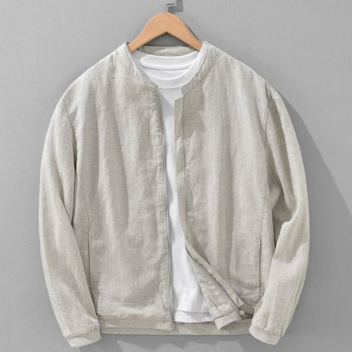 Buddha Stones Spring Summer Casual Minimalist Mandarin Collar Zipper Design Solid Men's Jacket With Pockets - Beige - US/UK/AU42，EU52 (3XL) - image 0