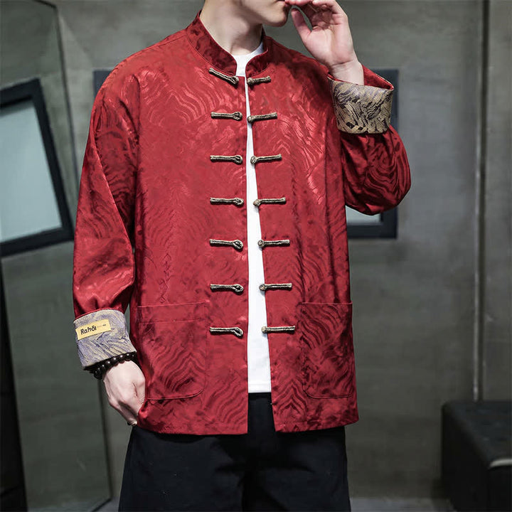 Buddha Stones Fall Winter Tang Style Elegant Mandarin Collar Abstract Wave Pattern Frog Button Men's Jacket With Pockets - image 6