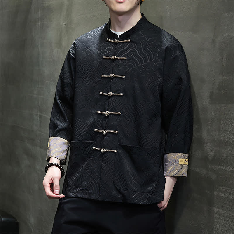 Buddha Stones Fall Winter Tang Style Elegant Mandarin Collar Abstract Wave Pattern Frog Button Men's Jacket With Pockets - image 17