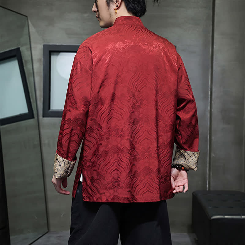 Buddha Stones Fall Winter Tang Style Elegant Mandarin Collar Abstract Wave Pattern Frog Button Men's Jacket With Pockets - image 4