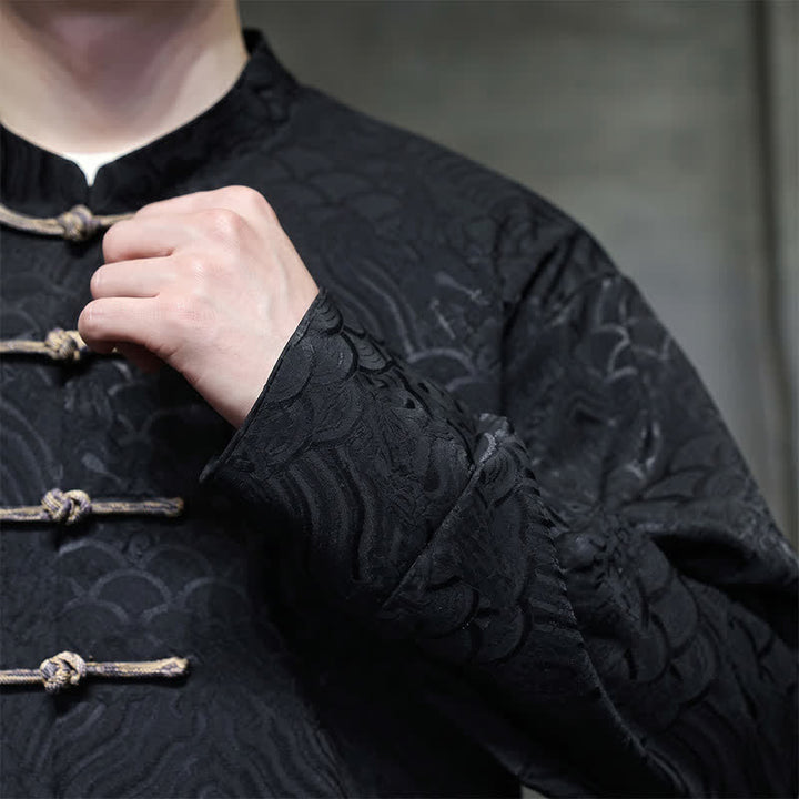 Buddha Stones Fall Winter Tang Style Elegant Mandarin Collar Abstract Wave Pattern Frog Button Men's Jacket With Pockets - image 21
