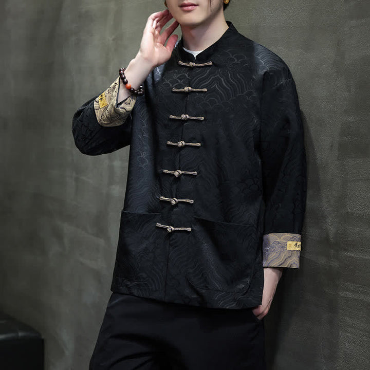 Buddha Stones Fall Winter Tang Style Elegant Mandarin Collar Abstract Wave Pattern Frog Button Men's Jacket With Pockets - image 13