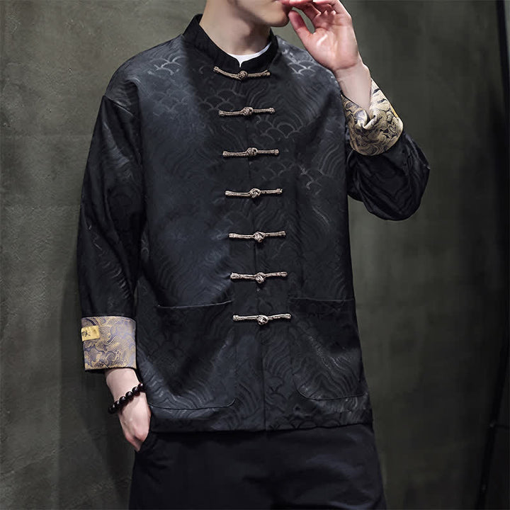 Buddha Stones Fall Winter Tang Style Elegant Mandarin Collar Abstract Wave Pattern Frog Button Men's Jacket With Pockets - image 12
