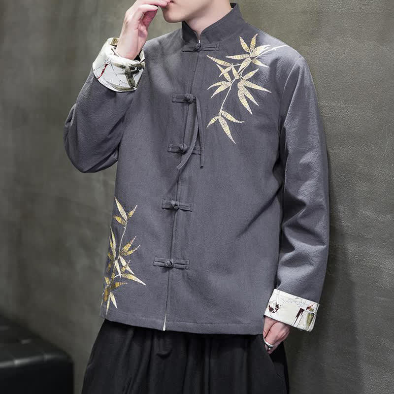 Buddha Stones Fall Winter Tang Style Vintage Frog Button Bamboo Cotton Linen Men's Jacket - DimGray - US/UK/AU46，EU56 (5XL) - image 0