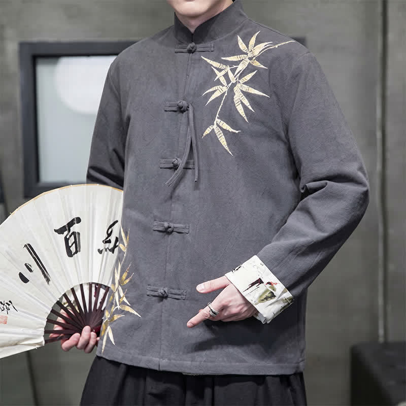 Buddha Stones Fall Winter Tang Style Vintage Frog Button Bamboo Cotton Linen Men's Jacket - image 5