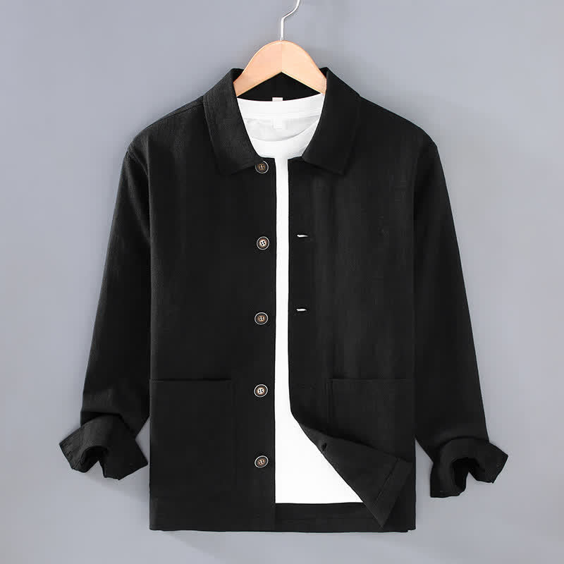 Buddha Stones Fall Casual Minimalist Solid Buttons Ramie Men's Jacket With Pockets - Black - US/UK/AU42，EU52 (3XL) - image 12