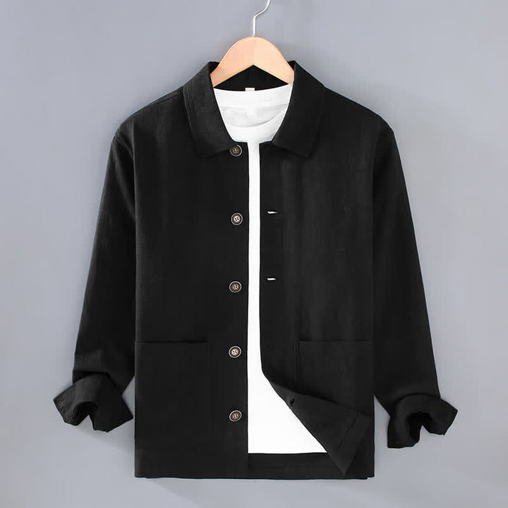 Buddha Stones Fall Casual Minimalist Solid Buttons Ramie Men's Jacket With Pockets - Black - US/UK/AU42，EU52 (3XL) - image 12