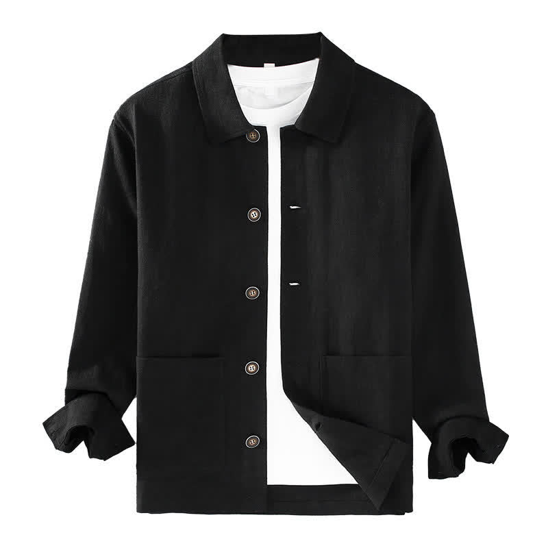 Buddha Stones Fall Casual Minimalist Solid Buttons Ramie Men's Jacket With Pockets - image 13