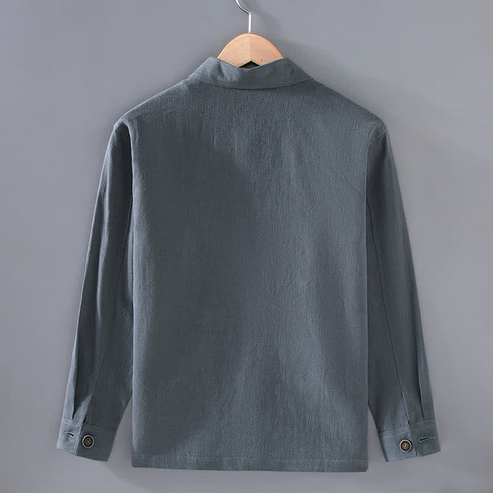 Buddha Stones Fall Casual Minimalist Solid Buttons Ramie Men's Jacket With Pockets - image 3