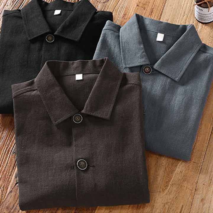 Buddha Stones Fall Casual Minimalist Solid Buttons Ramie Men's Jacket With Pockets - image 15