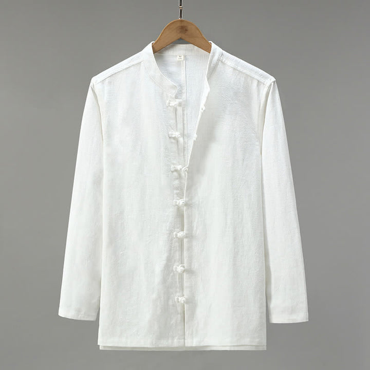 Buddha Stones Spring Casual Tang Style Frog Button Solid Men's Long Sleeve Shirts - White - US/UK/AU42，EU52 (3XL) - image 14