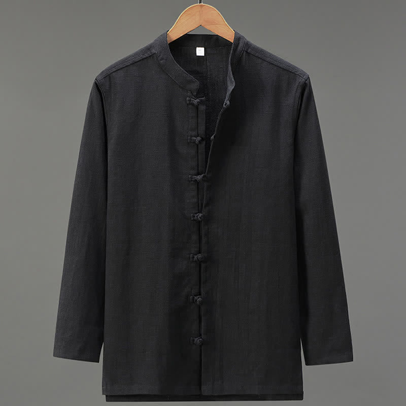 Buddha Stones Spring Casual Tang Style Frog Button Solid Men's Long Sleeve Shirts - Black - US/UK/AU42，EU52 (3XL) - image 11
