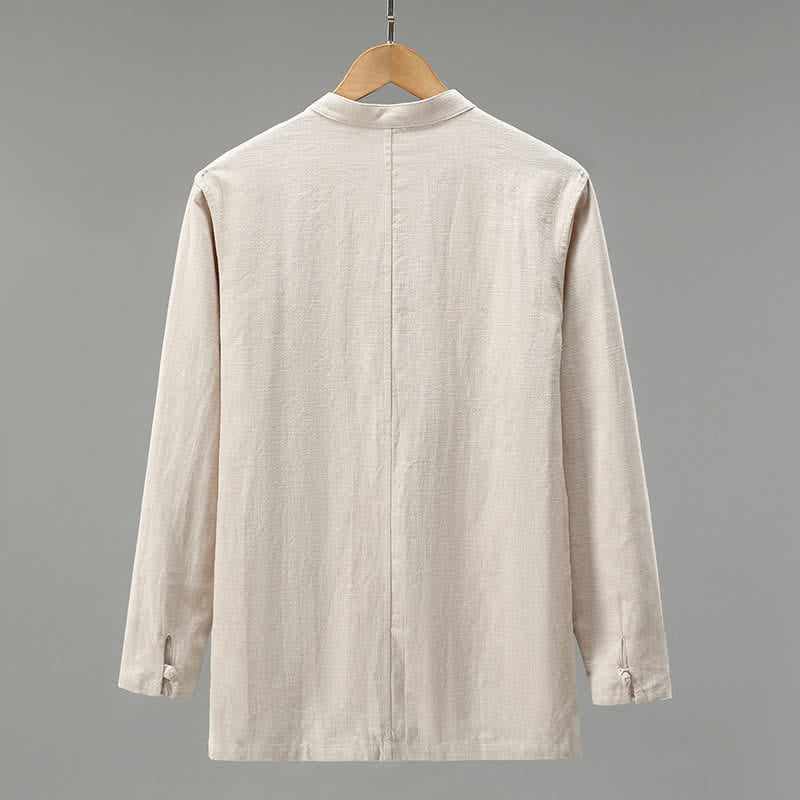 Buddha Stones Spring Casual Tang Style Frog Button Solid Men's Long Sleeve Shirts - image 1