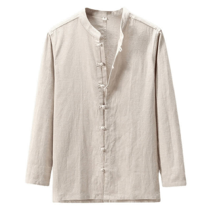 Buddha Stones Spring Casual Tang Style Frog Button Solid Men's Long Sleeve Shirts - image 2