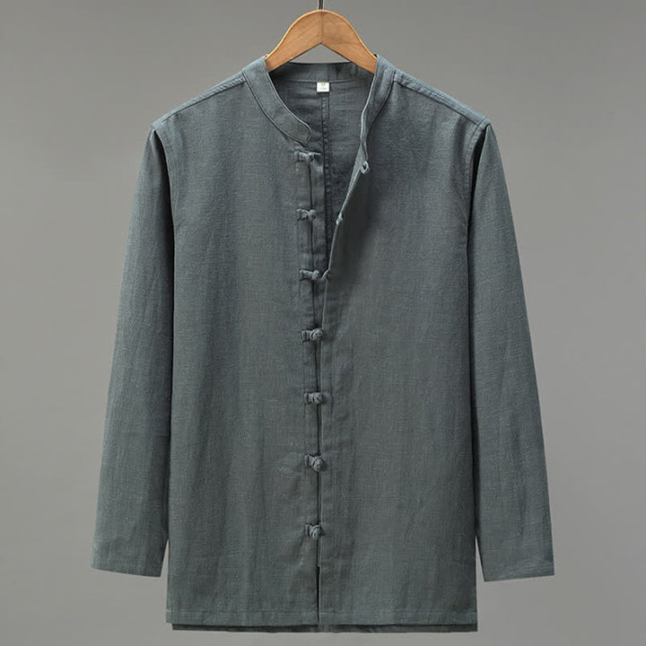 Buddha Stones Spring Casual Tang Style Frog Button Solid Men's Long Sleeve Shirts - DimGray - US/UK/AU42，EU52 (3XL) - image 12