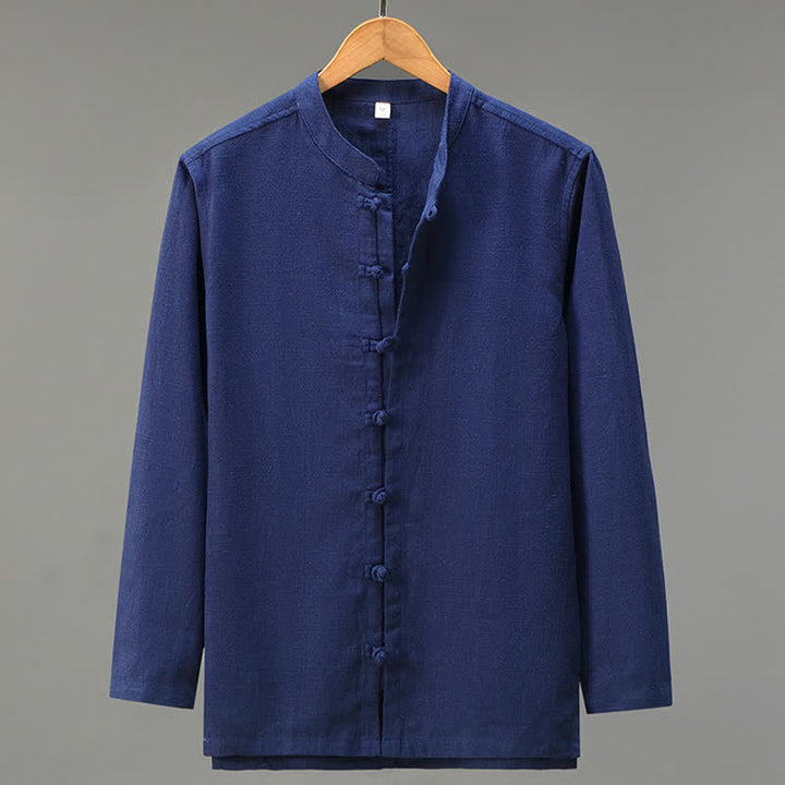Buddha Stones Spring Casual Tang Style Frog Button Solid Men's Long Sleeve Shirts - Navy - US/UK/AU42，EU52 (3XL) - image 13