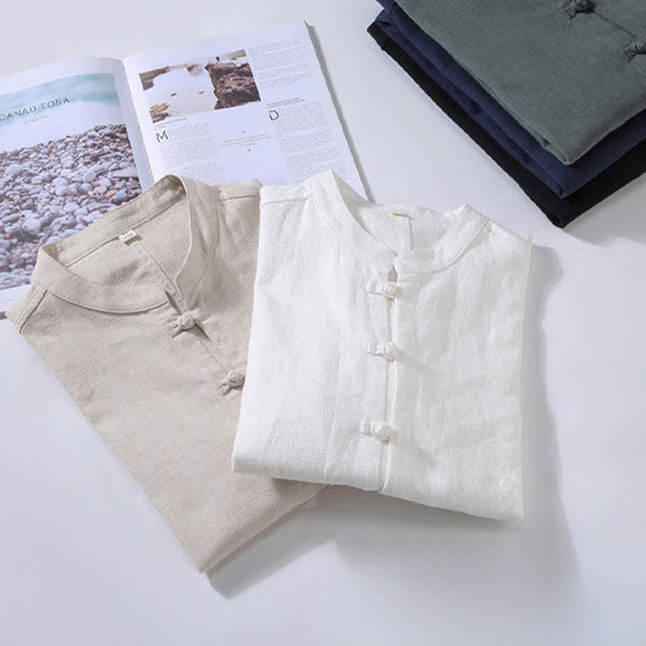 Buddha Stones Spring Casual Tang Style Frog Button Solid Men's Long Sleeve Shirts - image 19