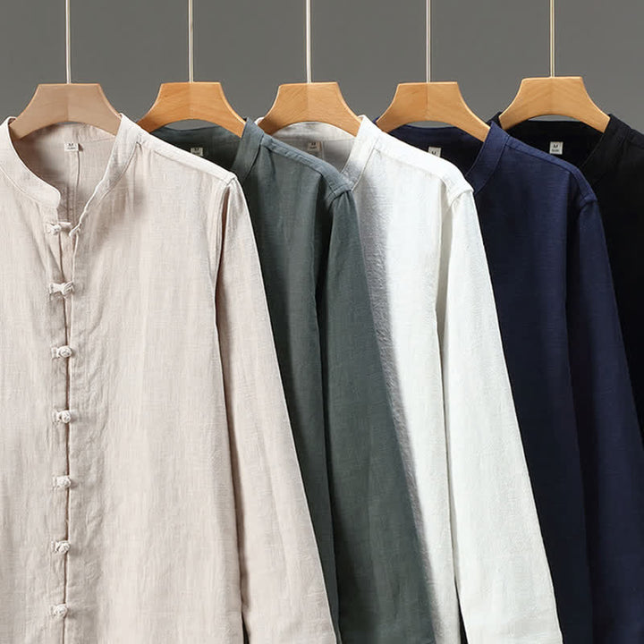 Buddha Stones Spring Casual Tang Style Frog Button Solid Men's Long Sleeve Shirts - image 16