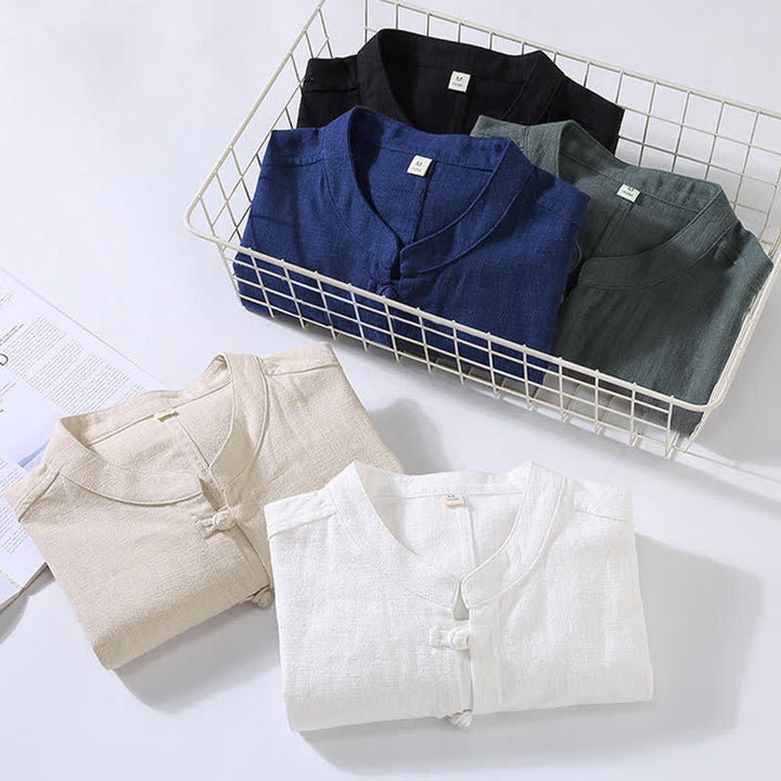 Buddha Stones Spring Casual Tang Style Frog Button Solid Men's Long Sleeve Shirts - image 17