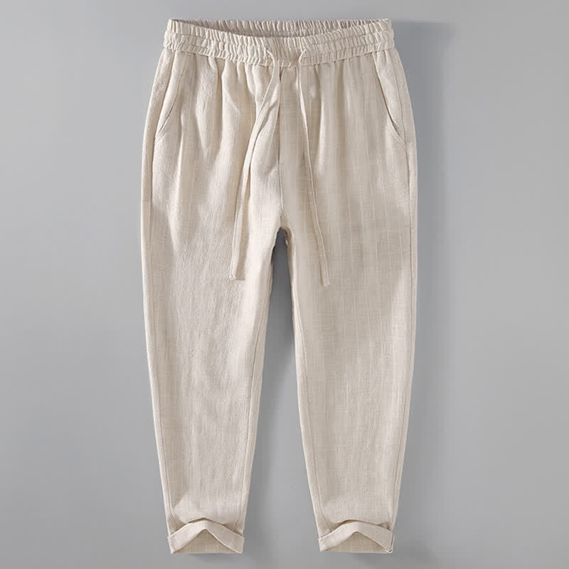 Buddha Stones Spring Summer Casual Drawstring Striped Cropped Pants Men's Tapered Pants With Pockets - Beige - US/UK/AU42，EU52 (3XL) - image 2