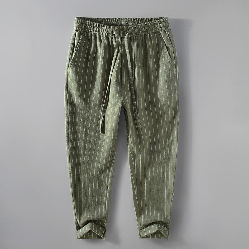 Buddha Stones Spring Summer Casual Drawstring Striped Cropped Pants Men's Tapered Pants With Pockets - OliveDrab - US/UK/AU42，EU52 (3XL) - image 11