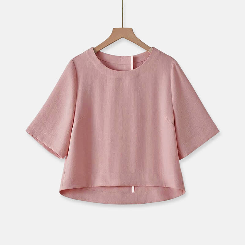 Buddha Stones Summer Casual Minimalist Crew Neck Solid Cropped Women's Short  Sleeve T-Shirts - LightPink - US12, UK/AU16, EU44 (2XL) - image 8