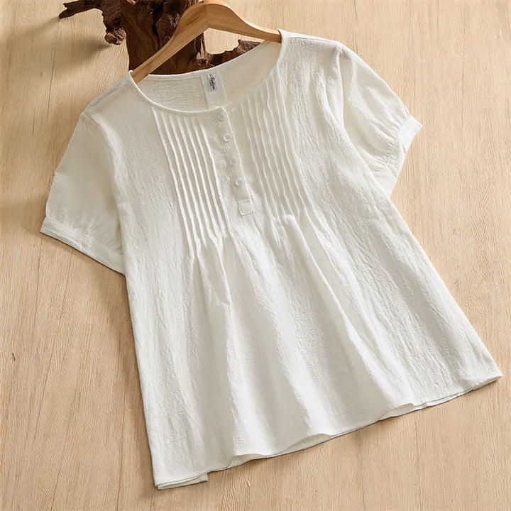 Buddha Stones Summer Casual Minimalist Button-Up Solid Cotton Women's Short Sleeve Shirts - White - US16, UK/AU20, EU48 (5XL) - image 24