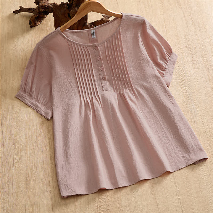 Buddha Stones Summer Casual Minimalist Button-Up Solid Cotton Women's Short Sleeve Shirts - LightPink - US16, UK/AU20, EU48 (5XL) - image 8