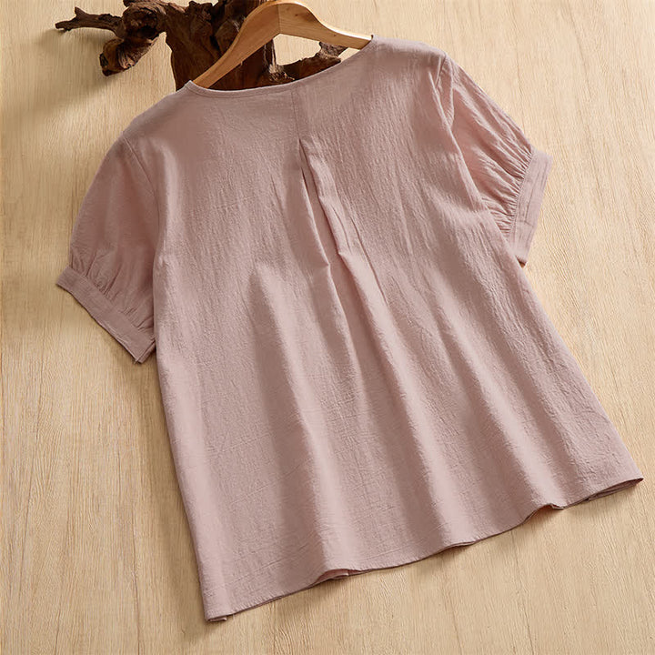 Buddha Stones Summer Casual Minimalist Button-Up Solid Cotton Women's Short Sleeve Shirts - image 9