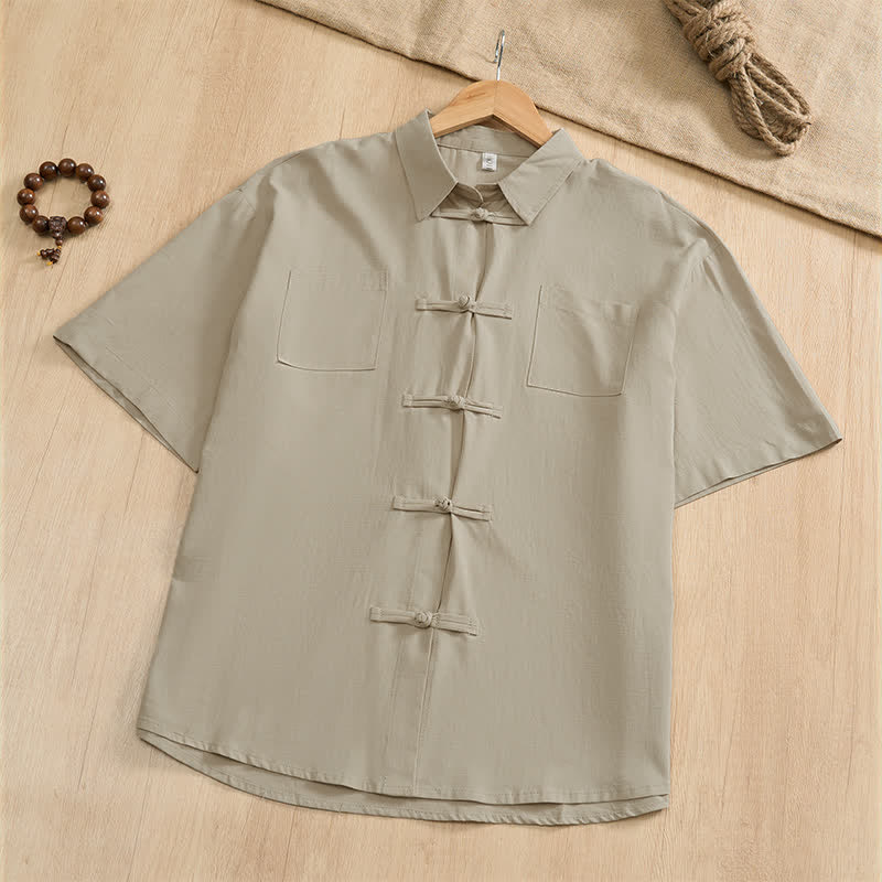 Buddha Stones Summer Casual Tang Style Frog Button Solid Men's Short Sleeve Shirts With Patch Pockets - Beige - US/UK/AU46, EU56 (5XL) - image 24