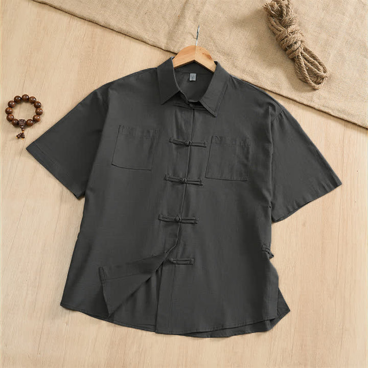 Buddha Stones Summer Casual Tang Style Frog Button Solid Men's Short Sleeve Shirts With Patch Pockets - DimGray - US/UK/AU46, EU56 (5XL) - image 0