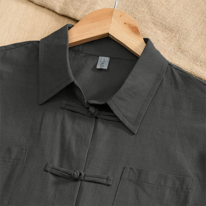 Buddha Stones Summer Casual Tang Style Frog Button Solid Men's Short Sleeve Shirts With Patch Pockets - image 2