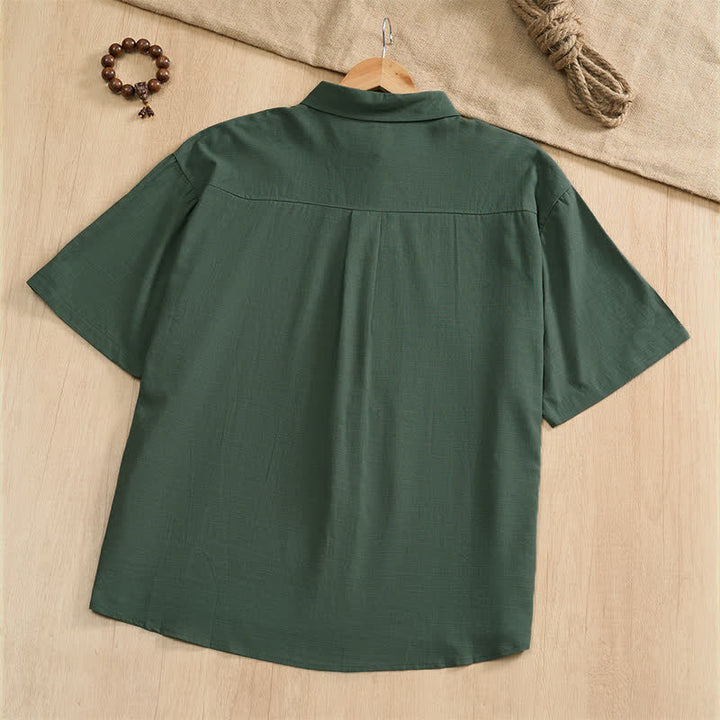 Buddha Stones Summer Casual Tang Style Frog Button Solid Men's Short Sleeve Shirts With Patch Pockets - image 9
