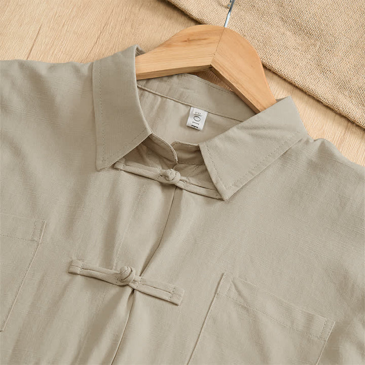 Buddha Stones Summer Casual Tang Style Frog Button Solid Men's Short Sleeve Shirts With Patch Pockets - image 27