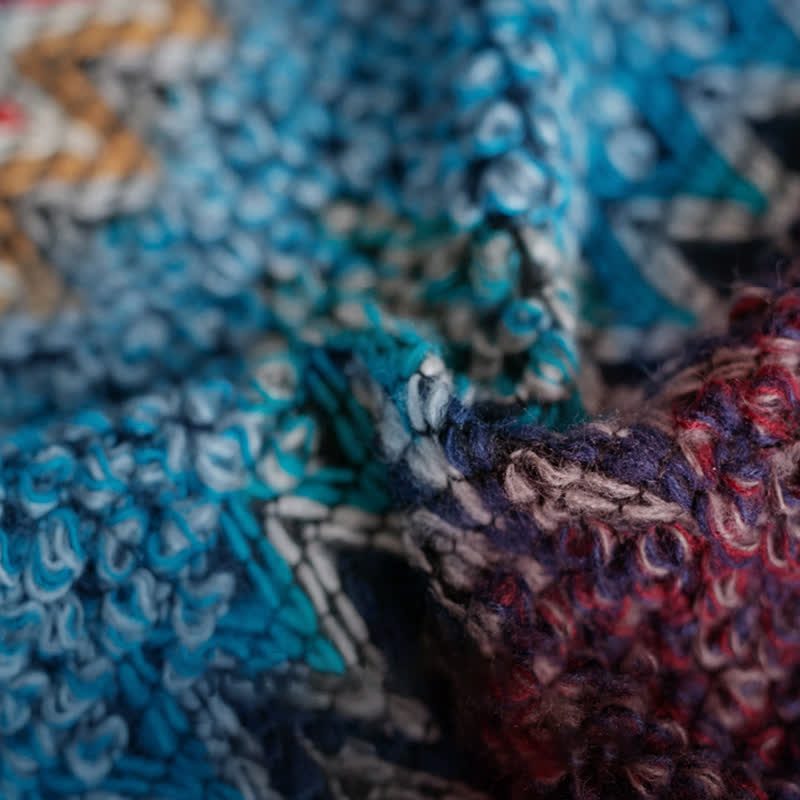 Buddha Stones Tibetan Shawl Blue Beige Red Wavy Pattern Winter Warm Tassel Scarf - image 9