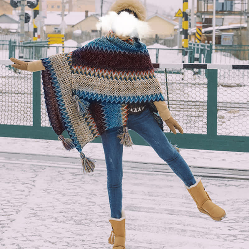Buddha Stones Tibetan Shawl Blue Beige Red Wavy Pattern Winter Warm Tassel Scarf - image 7