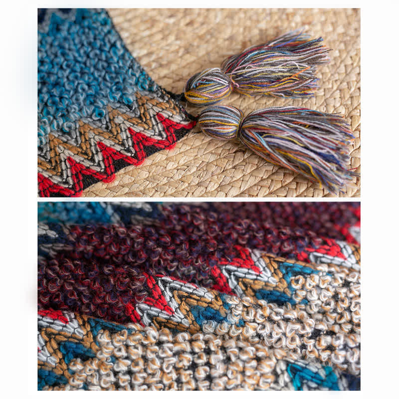 Buddha Stones Tibetan Shawl Blue Beige Red Wavy Pattern Winter Warm Tassel Scarf - image 11