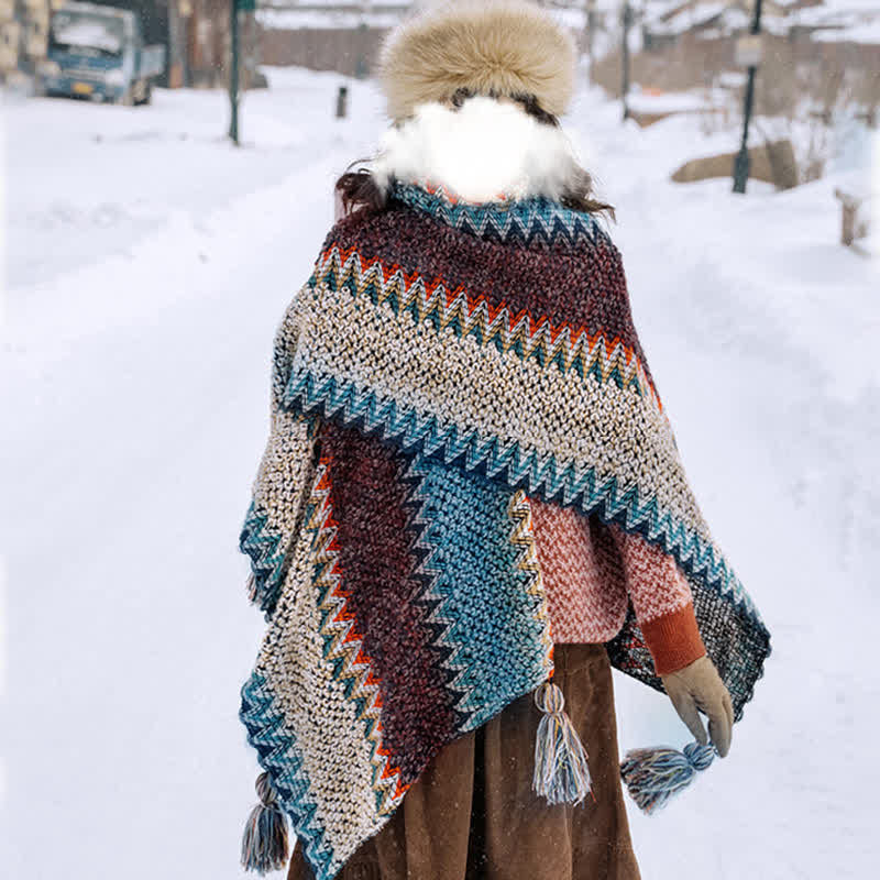 Buddha Stones Tibetan Shawl Blue Beige Red Wavy Pattern Winter Warm Tassel Scarf - Blue Beige Red - image 0