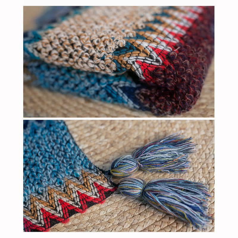Buddha Stones Tibetan Shawl Blue Beige Red Wavy Pattern Winter Warm Tassel Scarf - image 10
