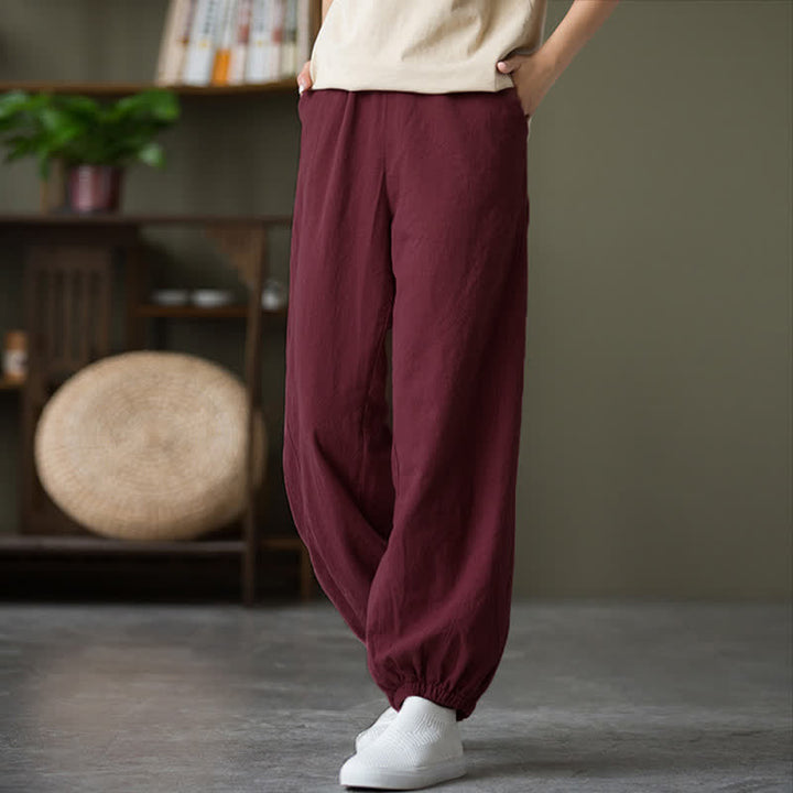 Buddha Stones Plain Color Ramie Linen Cotton Women's Pants With Pockets - image 57