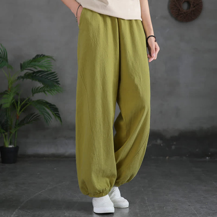 Buddha Stones Plain Color Ramie Linen Cotton Women's Pants With Pockets - YellowGreen - US6，UK/AU10，EU38 (L) - image 19