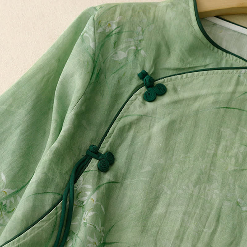 Buddha Stones Spring Summer Vintage Tang Style Frog Button Floral Women's Long Sleeve Shirts - image 11