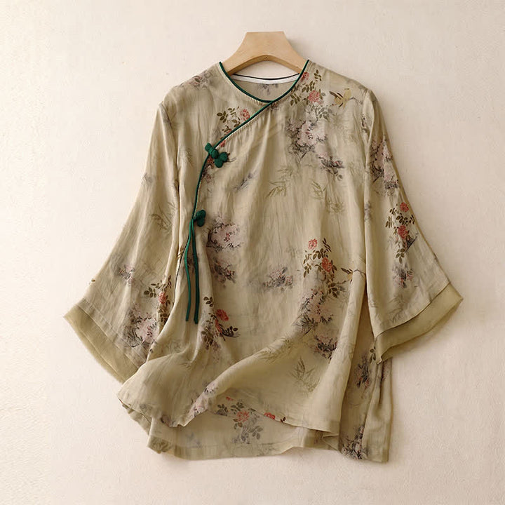 Buddha Stones Spring Summer Vintage Tang Style Frog Button Floral Women's Long Sleeve Shirts - Tan - US8-10, UK/AU12-14, EU40-42 (2XL) - image 0
