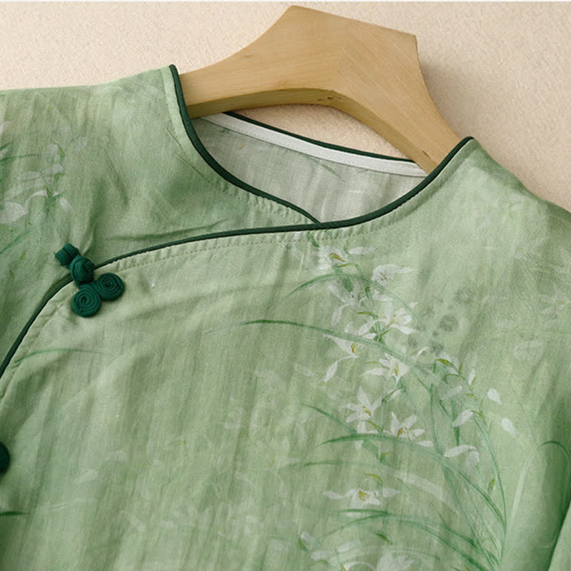 Buddha Stones Spring Summer Vintage Tang Style Frog Button Floral Women's Long Sleeve Shirts - image 12