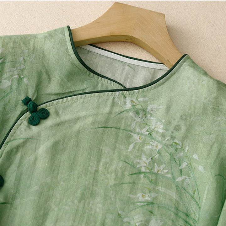 Buddha Stones Spring Summer Vintage Tang Style Frog Button Floral Women's Long Sleeve Shirts - image 12