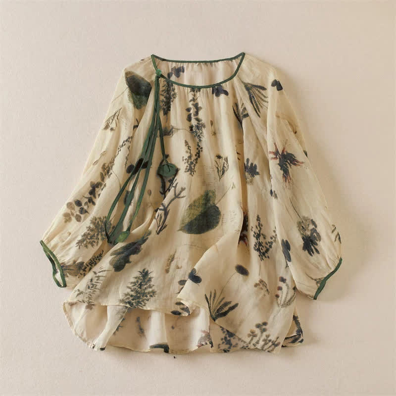 Buddha Stones Spring Summer Boho Drawstring Floral Women's Long Sleeve Shirts - BlanchedAlmond - US12, UK/AU16, EU44 (2XL) - image 0